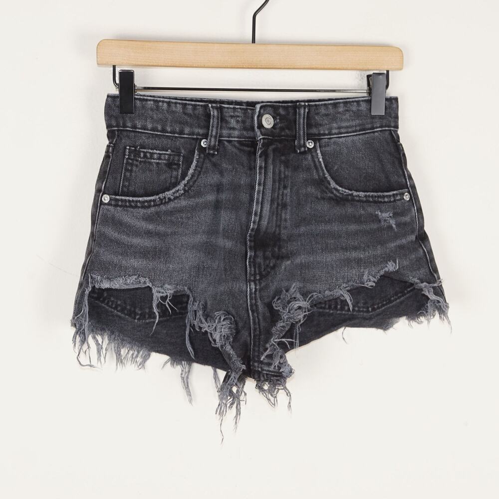 Zara High Rise Distressed Black Denim Jean Shorts Womens Sz 2